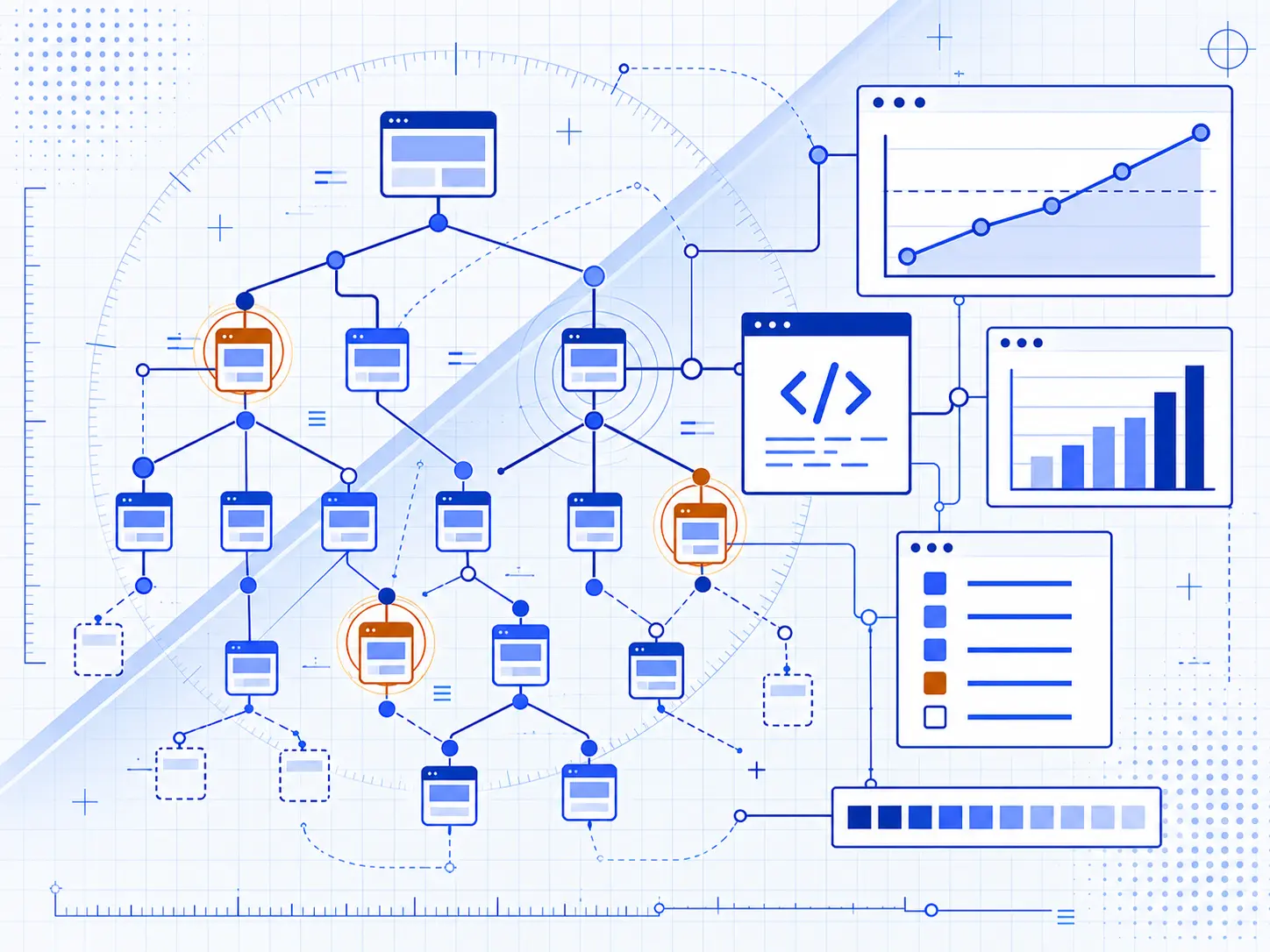 Technical schematic of a website analysed as a network of linked pages: several nodes flagged as faulty, others corrected, with charts showing the result measured over time.